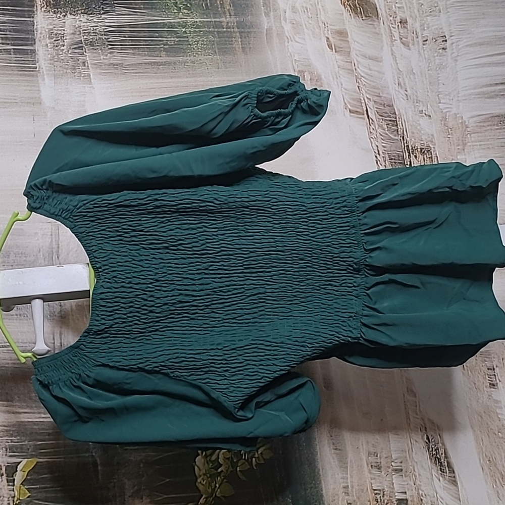 New! Womens Medium puffed sleeve smocked emerald green blouse